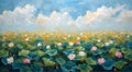 A vibrant painting of a vast lotus field under a bright blue sky with fluffy clouds Royalty Free Stock Photo